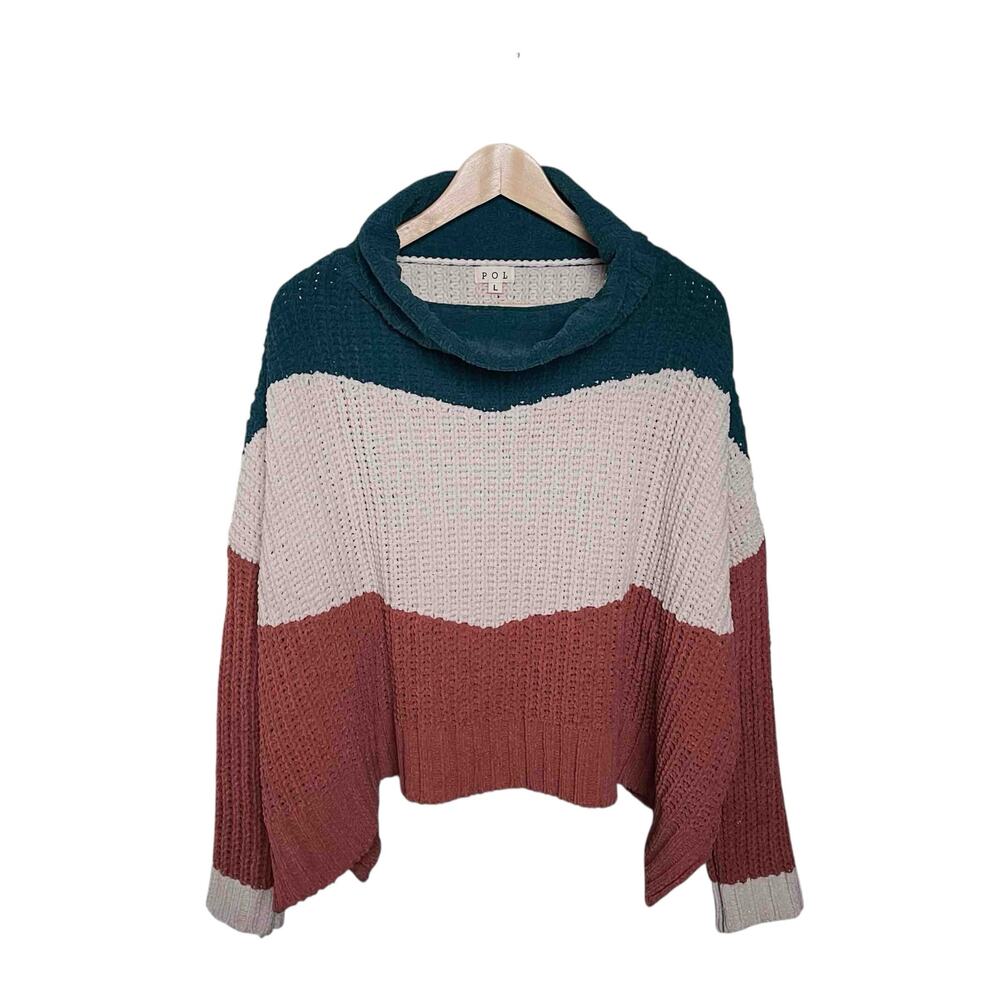 POL Color Block Oversized Cowl Neck Sweater L Rust Cream Teal Knitted Pullover